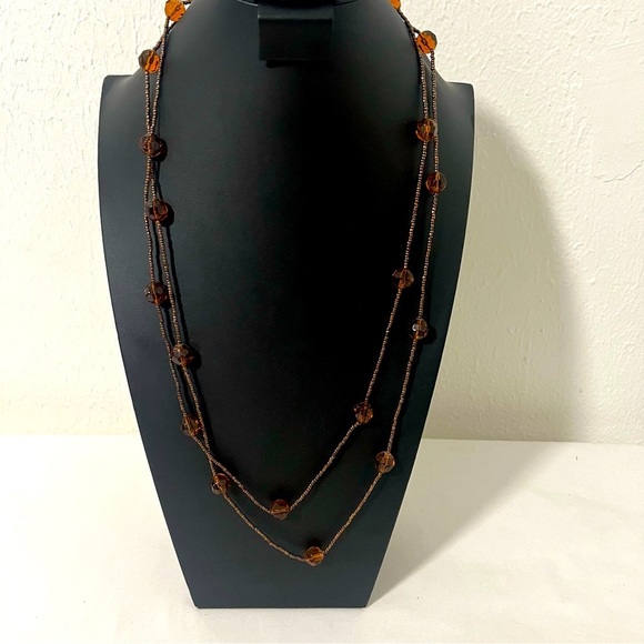 Amber Brown Glass Faceted Bead Long Necklace Bronze Seed Beaded Boho Layered - Picture 3 of 8